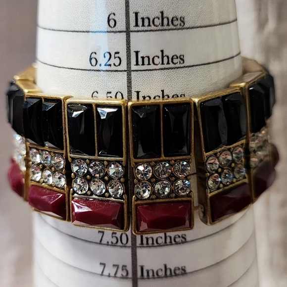 J. Crew Baguette Acrylic Black Merlot Rhinestone Stretch Bracelet Oxidized Brass - Picture 8 of 9